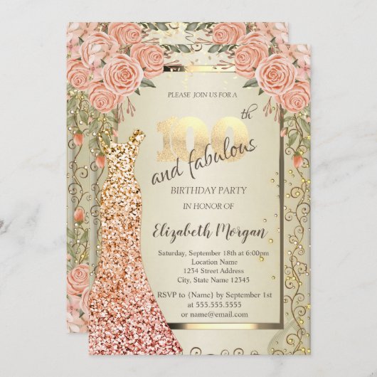 Invitation Chic Sequins robe Rose or 100e anniversaire (Devant / Derrière)