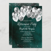 Invitation Chic Silver Balloons Confetti Retraite verte (Devant / Derrière)