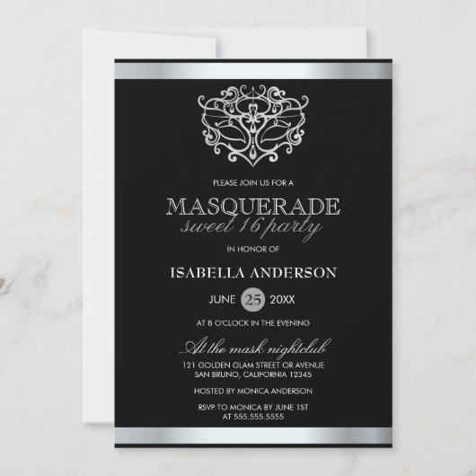 Invitation Chic Silver & Black Typography Masquerade Sweet 16 (Devant)