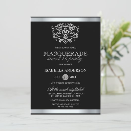 Invitation Chic Silver & Black Typography Masquerade Sweet 16 (Debout devant)