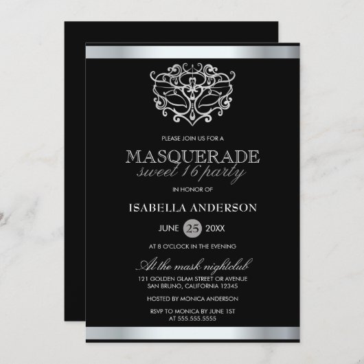 Invitation Chic Silver & Black Typography Masquerade Sweet 16 (Devant / Derrière)