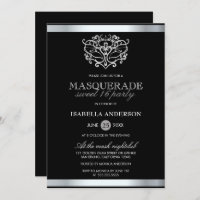 Chic Silver & Black Typography Masquerade Sweet 16