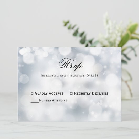 Invitation Chic Silver Bokeh Mariage léger Rsvp (Debout devant)