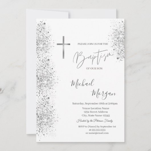 Invitation Chic Silver Cross Baptism Parties scintillant Arge (Devant)