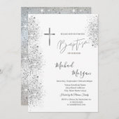 Invitation Chic Silver Cross Baptism Parties scintillant Arge (Devant / Derrière)