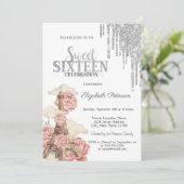 Invitation Chic Silver Drips,Eiffel Tower Peonies Sweet 16 (Debout devant)