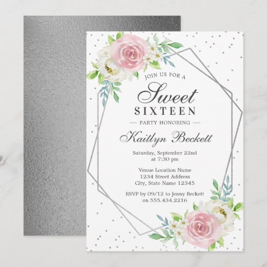 Invitation Chic Silver Foil Floral Sweet 16 Anniversaire (Devant / Derrière)