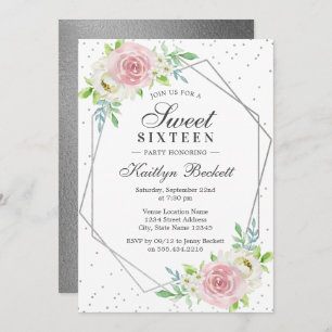 Invitation Chic Silver Foil Floral Sweet 16 Anniversaire