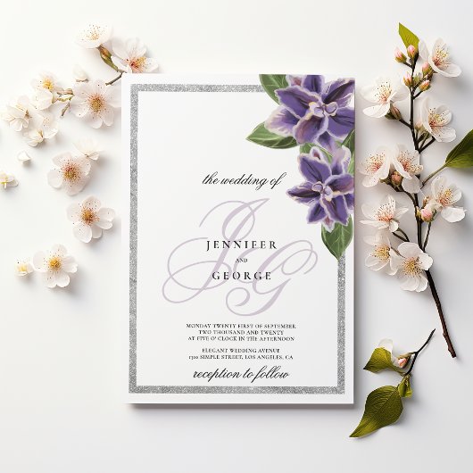 Invitation Chic silver glitter purple lavender orchid wedding