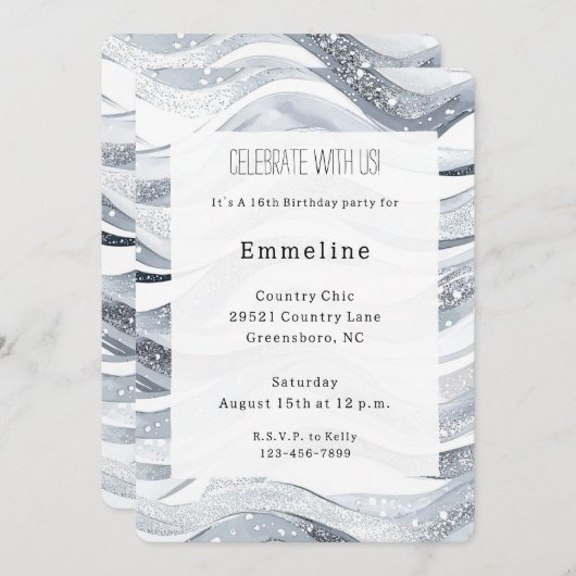 Invitation Chic Silver Waves Anniversaire (Devant / Derrière)