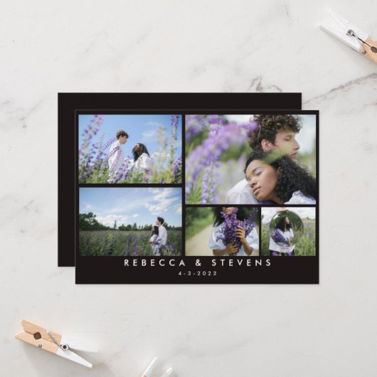 Invitation Chic Simple 5 Photo Collage noir blanc Mariage (Devant/Arrière en situation)