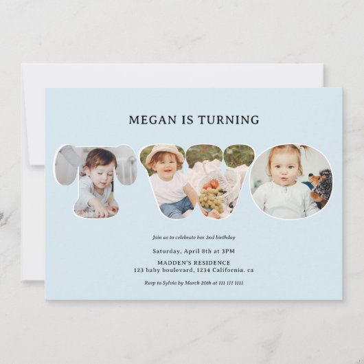 Invitation Chic Simple bleu clair 3 photos 2e anniversaire (Devant)