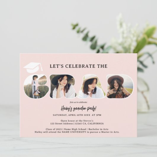 Invitation Chic Simple blush rose 3 photos graduation script (Debout devant)