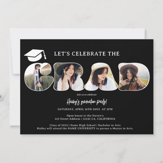 Invitation Chic Simple noir 3 photos graduation de script (Devant)