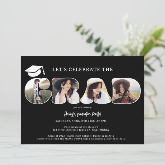 Invitation Chic Simple noir 3 photos graduation de script (Debout devant)