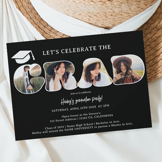 Invitation Chic Simple noir 3 photos graduation de script