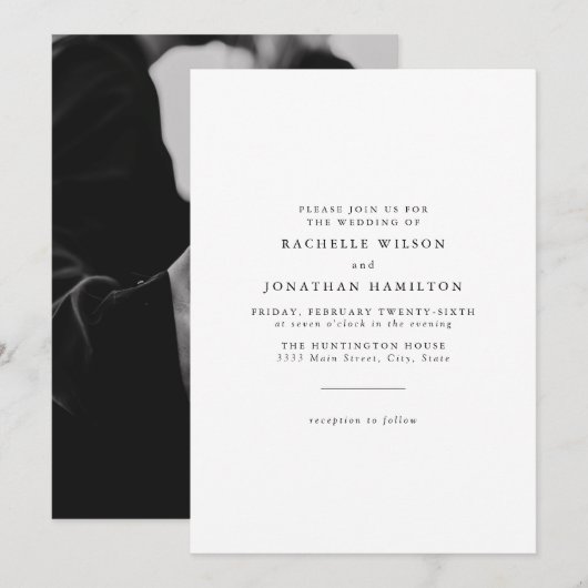 Invitation Chic Simple Photo Noir Blanc Monogramme Mariage (Devant / Derrière)