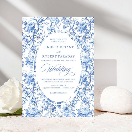 Invitation Chic Sophisticated Navy Toile Rose Classic Wedding