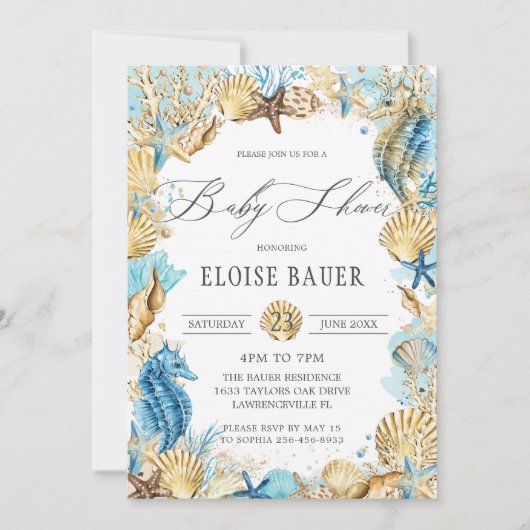 Invitation Chic sous le Baby shower de sirène de mer Blue Gol (Devant)