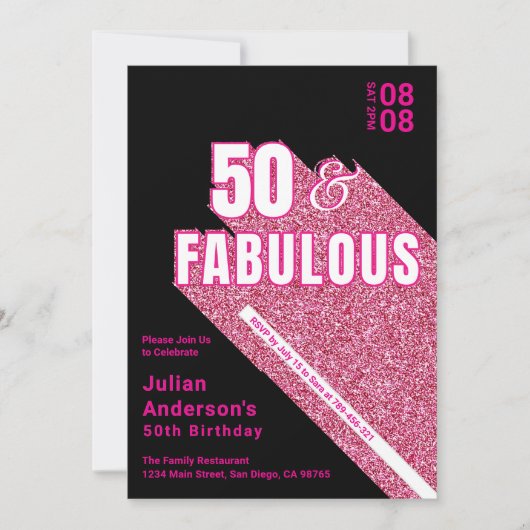 Invitation Chic Sparkling Black & Pink Fabuleux 50e anniversa (Devant)