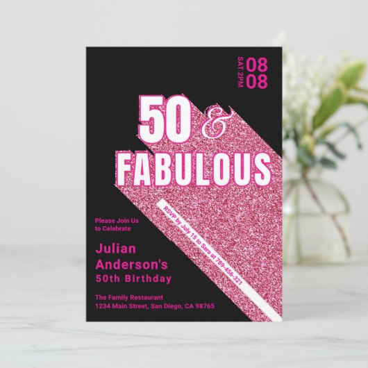 Invitation Chic Sparkling Black & Pink Fabuleux 50e anniversa (Debout devant)
