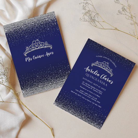 Invitation Chic Sparkling Bleu Argent Tiara Quinceanera
