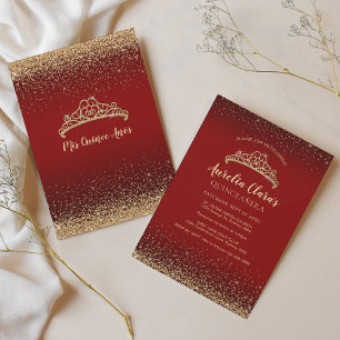 Invitation Chic Sparkling Red Gold Parties scintillant Tiara