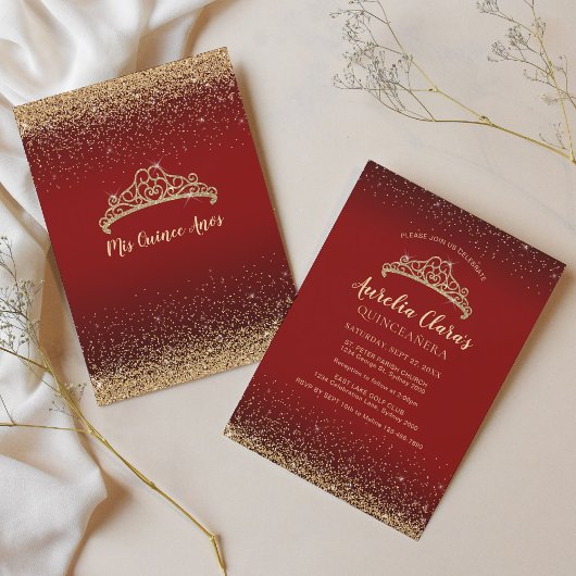 Invitation Chic Sparkling Red Gold Parties scintillant Tiara 