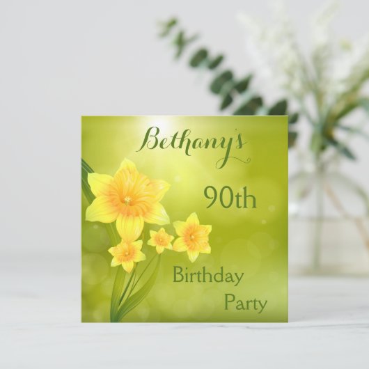 Invitation Chic Spring Daffodils Bokeh 90th Birthday Party (Debout devant)