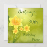 Invitation Chic Spring Daffodils Bokeh 90th Birthday Party<br><div class="desc">Daffodiles de printemps élégants pour femmes 90e anniversaire de fête invitations modèles, avec de belles fleurs de jonquille jaune romantique, sur un glamour, moderne, élégant, vert, cercles flurés arrière - plan bokeh avec effet soleil brillant dans le ciel. Modèles invitations classiques, chic, sophistiqués, tendance, féminins, à la mode, girly, contemporains...</div>