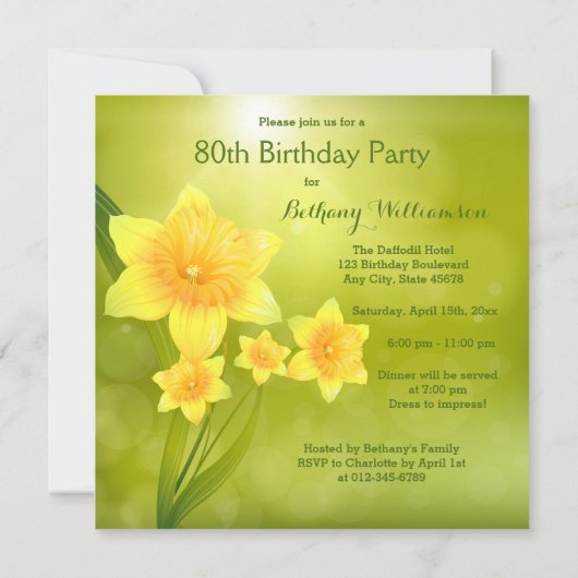 Invitation Chic Spring Daffodils Bokeh fête du 80e anniversai (Dos)