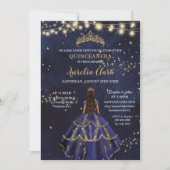 Invitation Chic Starry Night Marine Bleu Robe Or Quinceañera (Devant)
