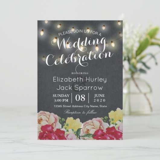Invitation Chic String éclaire Floral Black Grunge Mariage (Debout devant)