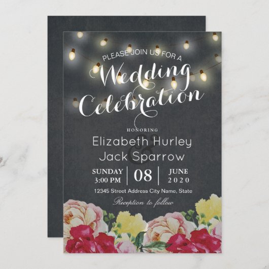 Invitation Chic String éclaire Floral Black Grunge Mariage (Devant / Derrière)