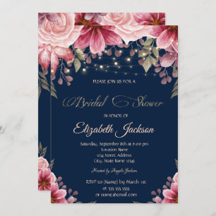 Invitation Chic String éclaire Floral Navy Blue Fête des mari