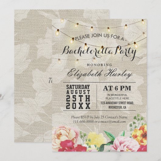 Invitation Chic String Lights Linen Floral Bachelorette Party (Devant / Derrière)
