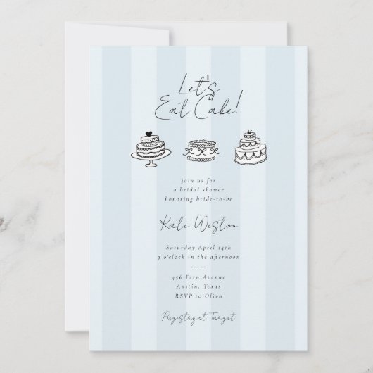 Invitation Chic Striped Let’s Eat Cake Blue Bridal Shower (Devant)
