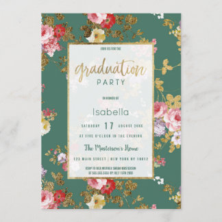 Invitation Chic summery vert rose or rose floral Graduation