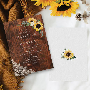 Invitation Chic Sunflower dentelle & Mariage Woodgrain