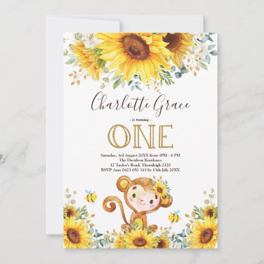 Invitation Chic Sunflower Monkey Greenery Or 1er anniversaire (Devant)