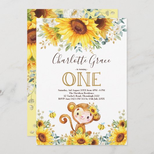 Invitation Chic Sunflower Monkey Greenery Or 1er anniversaire (Devant / Derrière)