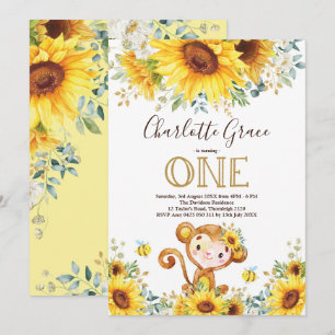 Invitation Chic Sunflower Monkey Greenery Or 1er anniversaire