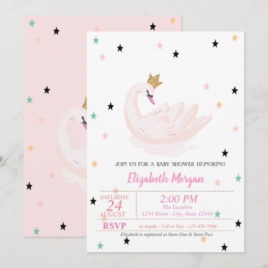 Invitation Chic Swan, Étoiles, Baby shower Princesse (Devant / Derrière)