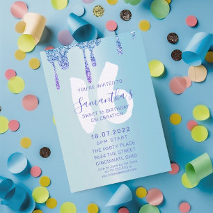 Invitation Chic Sweet 16 Bleu & Gouttes de Paillettes Anniver