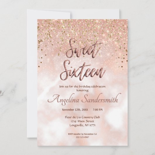 Invitation Chic Sweet 16 Blush Rose Rose Parties scintillant  (Devant)