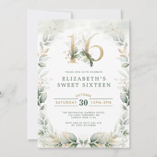 Invitation Chic Sweet 16 Botanical Greenery Or Anniversaire (Devant)