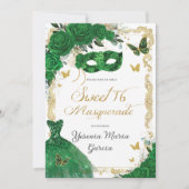 Invitation Chic Sweet 16 Masquerade Emerald Green Floral Gold (Devant)