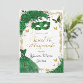 Invitation Chic Sweet 16 Masquerade Emerald Green Floral Gold (Debout devant)