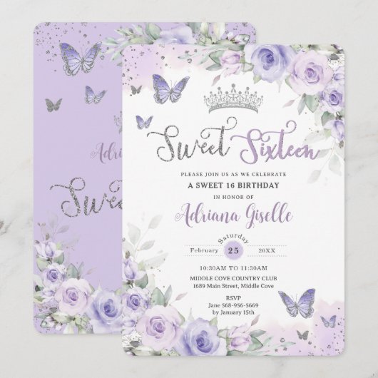 Invitation Chic Sweet sixteen de papillons floraux violets 16 (Devant / Derrière)