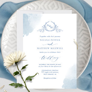 Invitation Chic, Taches d'aquarelle bleue, Monogramme de mari